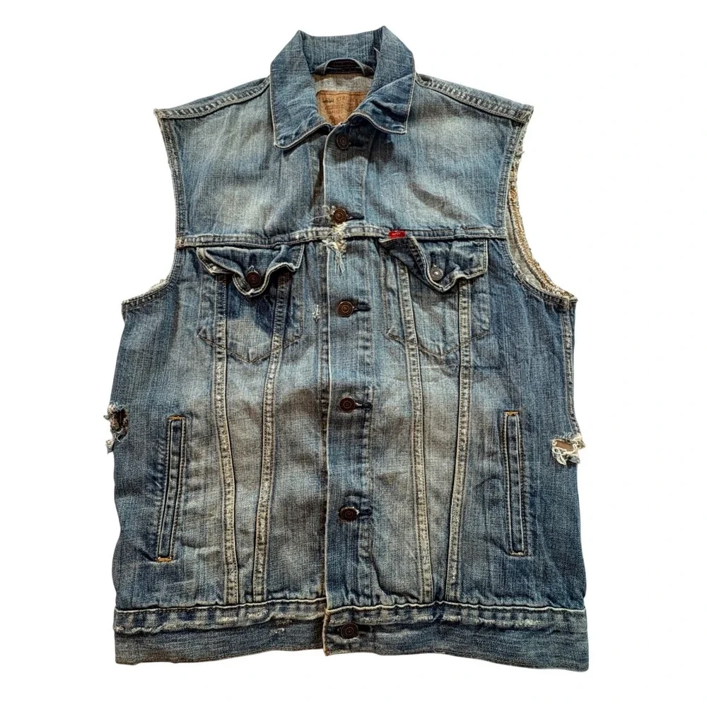 Levi's Denim Trucker Vest Mens Medium Distressed Eagle Graphic Blue Jean Jacket